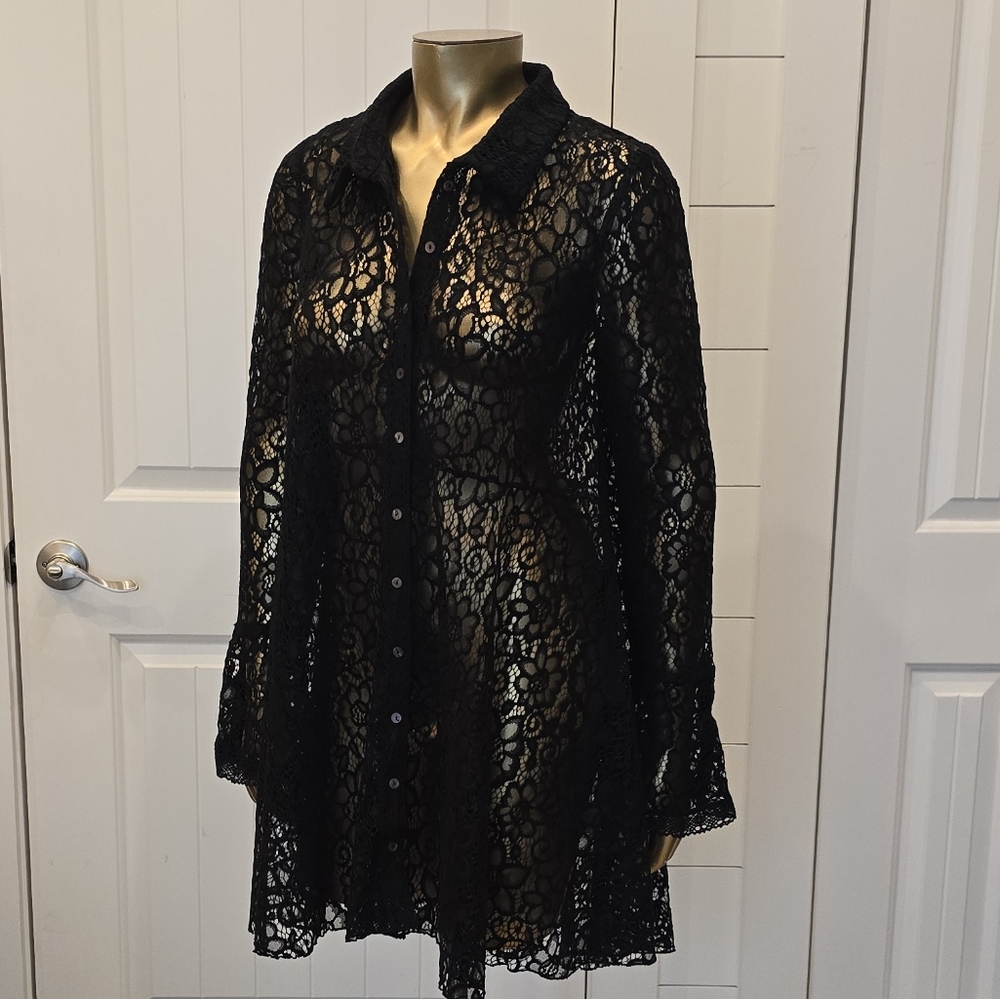 Black Lace Button-Up Women's Top